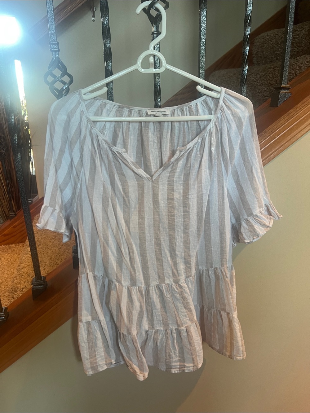 Light tan  and White Striped Women’s Peasant Blouse linen cotton blend